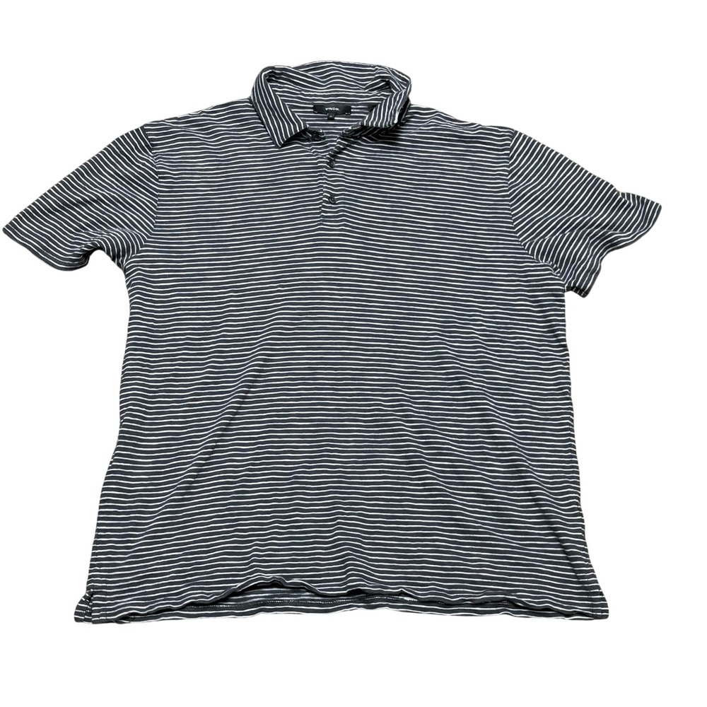 Vince Striped Polo Shirt Short Sleeve Button Collared Charcoal White XL